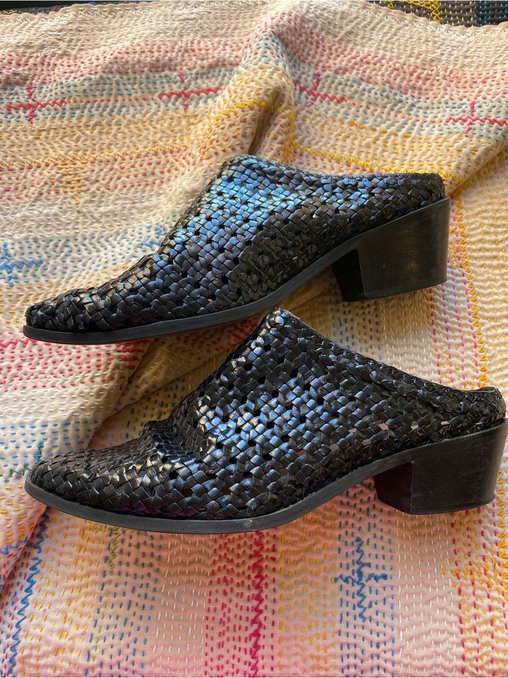 Black Woven Heeled Mules Leather Size 7.5 Closed Toe Low Heel Clog Western Boho